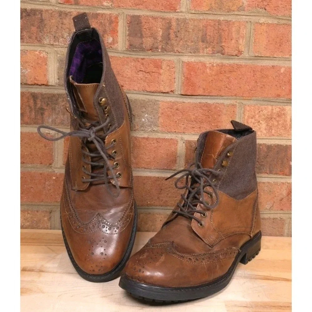 Ben Sherman Mens Daryl Brown Leather Wingtip Boots Brogue Size 12M